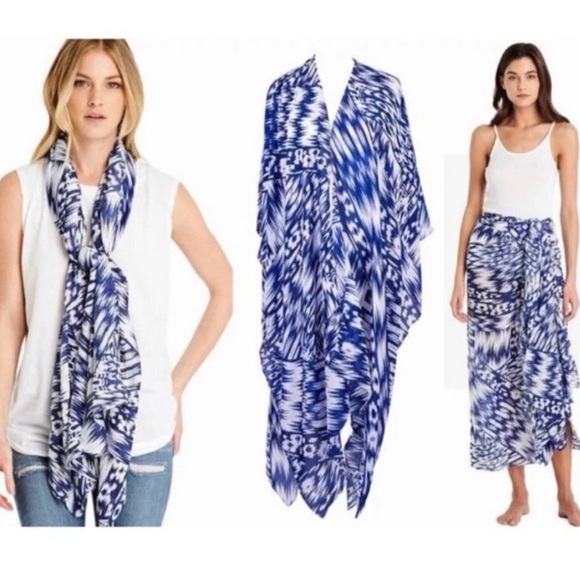 MICHAEL STARS Blue White Ruana Beach Viscose Wrap Scarf Sarong OS - Picture 1 of 6